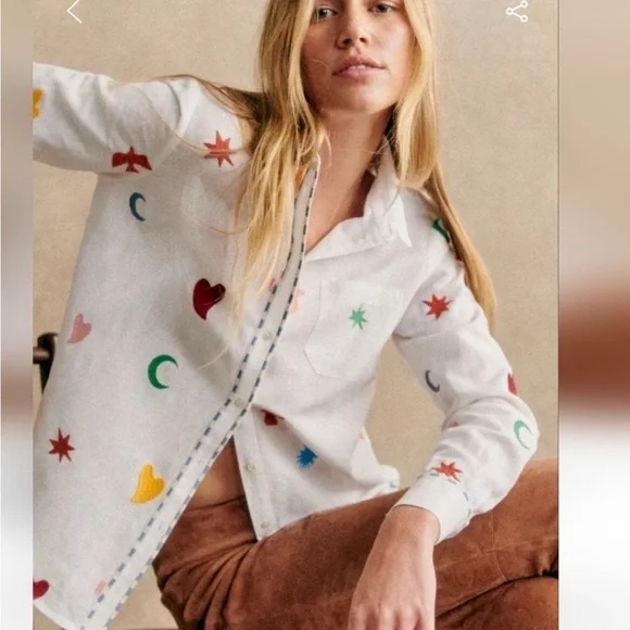 TOMBOY SHIRT SEZANE PANGEA BLOUSE BUTTON UP TOP WHITE NWT SIZE 36 Embroidery - Picture 1 of 10